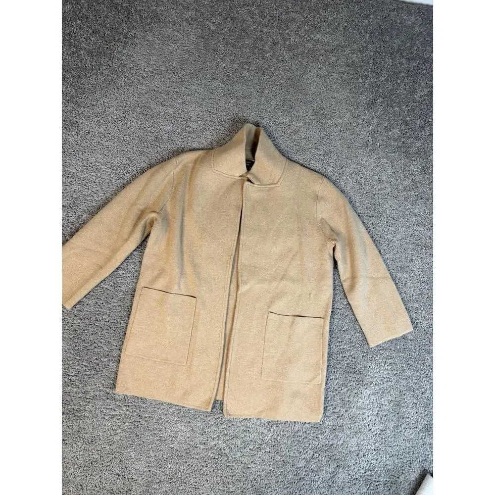 J.CREW Sweater Full Zip Womens S Beige Mock Neck 3/4 Sleeve Pockets Cotton-Poly